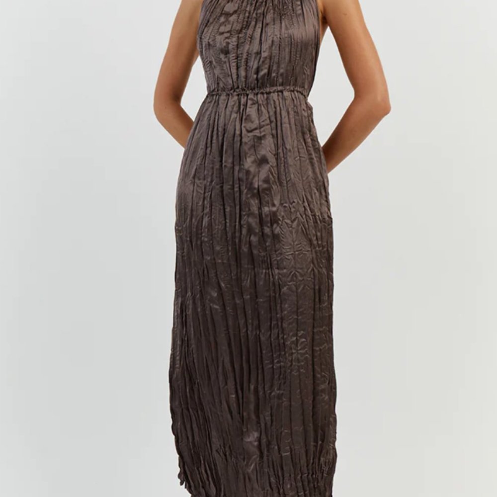 NWT Dissh Cori Taupe Crinkle Midi Dress US10 AU14
